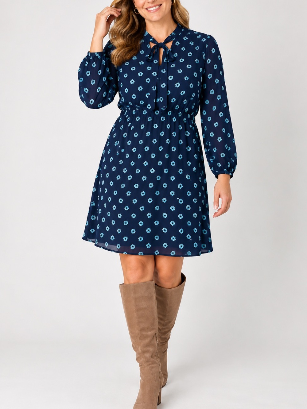 LOFT Navy Floral Tie Neck Dress Size 14 Long Sleeve Fall Workwear